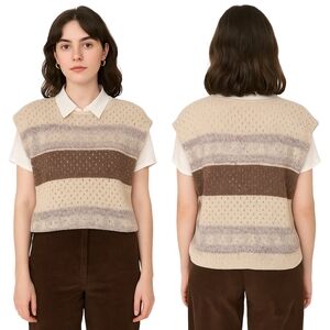 VINTAGE COLLAGE Sweater Vest Womens Large Beige Striped Silk Linen Angora Retro